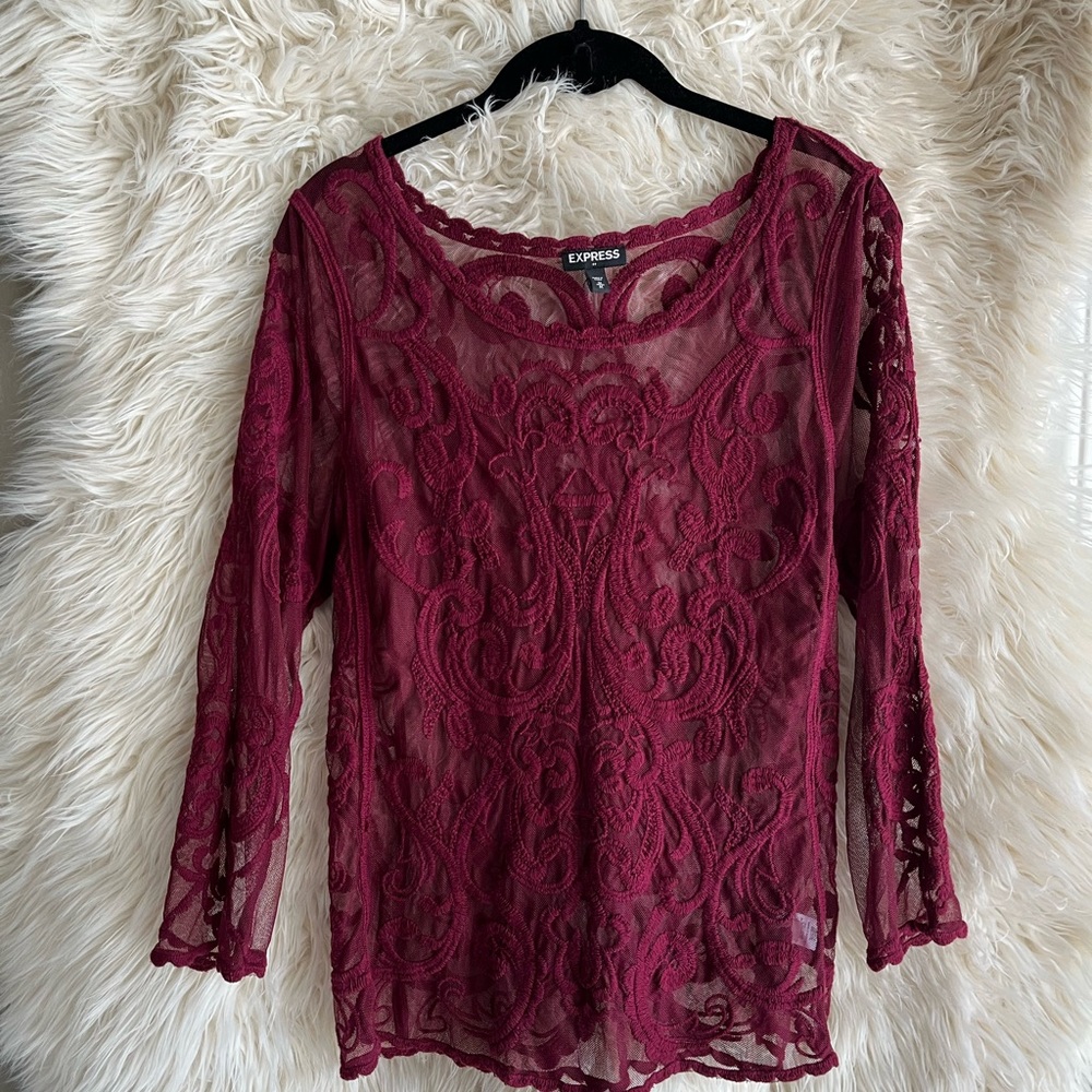 Express Maroon Sheer and Lace Top